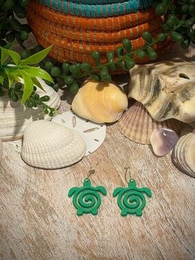 Green Turtle Spiral Drop Earrings